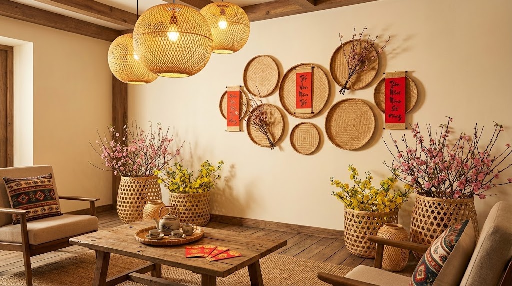 Ý tưởng trang trí Tết 2026 với mây tre